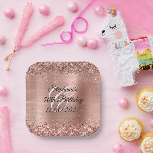 Faux Roos Gold Glitter en Folie 50e verjaardag Papieren Bordje (Feest)