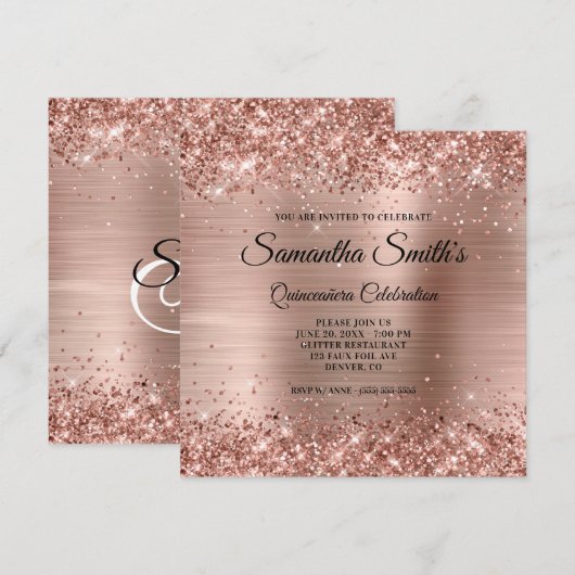 Faux Roos Gold Glitter en Folie Quinceañera Kaart (Voorkant / Achterkant)