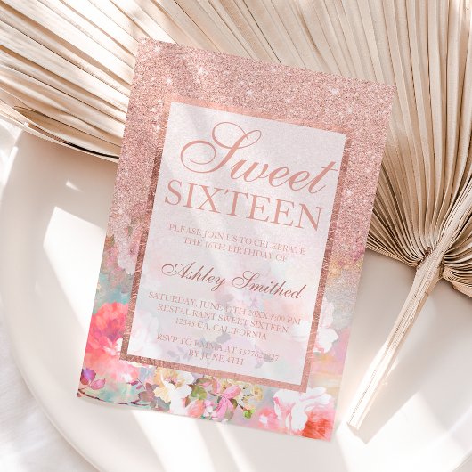 Faux roos gold glitter floral waterverf Sweet 16 Kaart
