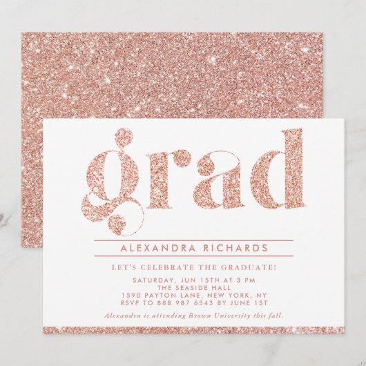 Faux Roos Gold Glitter Graduter Party Invitation Kaart (Voorkant / Achterkant)