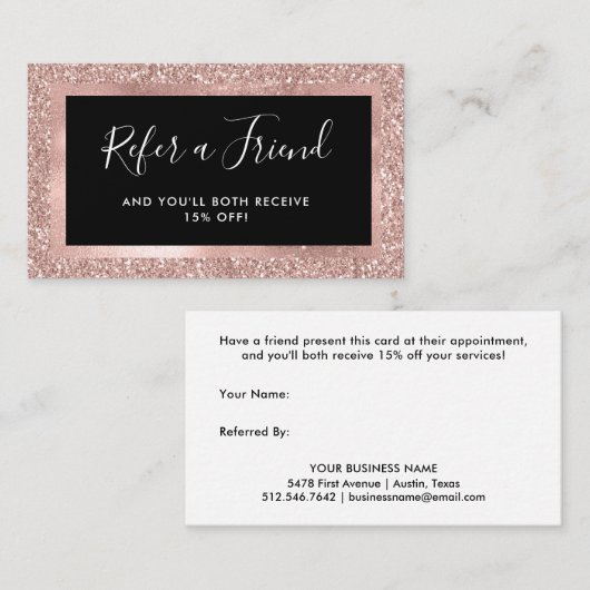 Faux Roos Gold Glitter-look en zwart Aanbevelingskaartje (Voorkant / Achterkant)