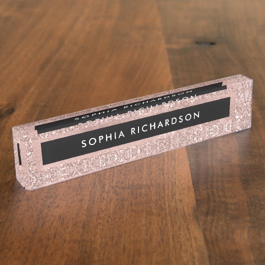 Faux Roos Gold Glitter-look en zwart Naambordje (Zijkant)