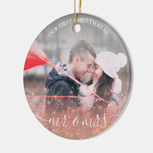 Faux roos gold glitter Mr. & Mrs. aangepaste foto Keramisch Ornament (Links)