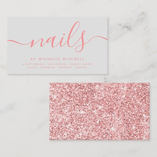 Faux Roos Gold Glitter Nail-technicus grijs  Visitekaartje (Voorkant / Achterkant)