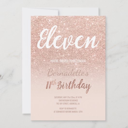 Faux roos gold glitter ombre eleven Birthday Kaart (Voorkant)