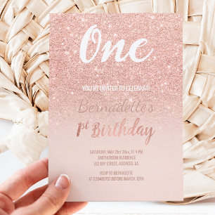 Faux roos gold glitter ombre first Birthday Kaart