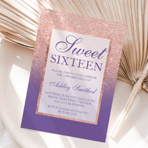 Faux roos gold glitter ombre paars Sweet 16 Kaart