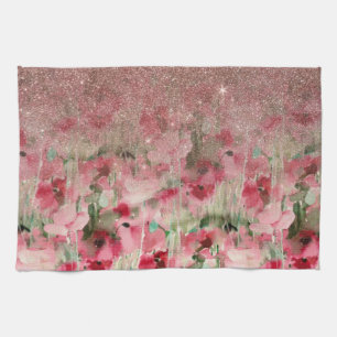  Faux Roos Gold Glitter op Waterverf Floral Theedoek