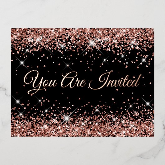 Faux Roos Gold Glitter op zwarte 40e verjaardag Folie Uitnodiging Briefkaart (Voorkant)