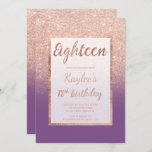 Faux roos gold glitter paars chic 18th Birthday Kaart<br><div class="desc">Een modern,   en elegant faux roos goudglitter douchecombre met paarse kleurenblok 180e verjaardagsfeest met een goudvormig roos-model dat op een paarse achtergrond vervaagt,  met een elegant goudlijst Perfect voor een prinsesverjaardag op 18e verjaardag.</div>