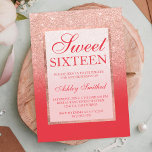 Faux roos gold glitter red chic Sweet 16 Kaart<br><div class="desc">Een modern,   en elegant faux roos goud glitter douche ombre met rood kleurenblok Sweet 16 verjaardagsfeest met roos goudbolvormig patroon op een rode achtergrond met elegant roos goud lijst Perfect voor prinses Sweet 6.</div>