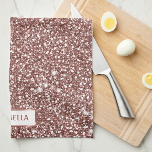 Faux Roos Gold Glitter Textiellook & Custom Name Theedoek (Quarter Fold)