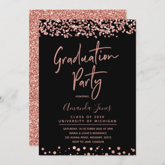 FAUX ROOS GOLD Graduation Party Invitation Kaart (Voorkant / Achterkant)
