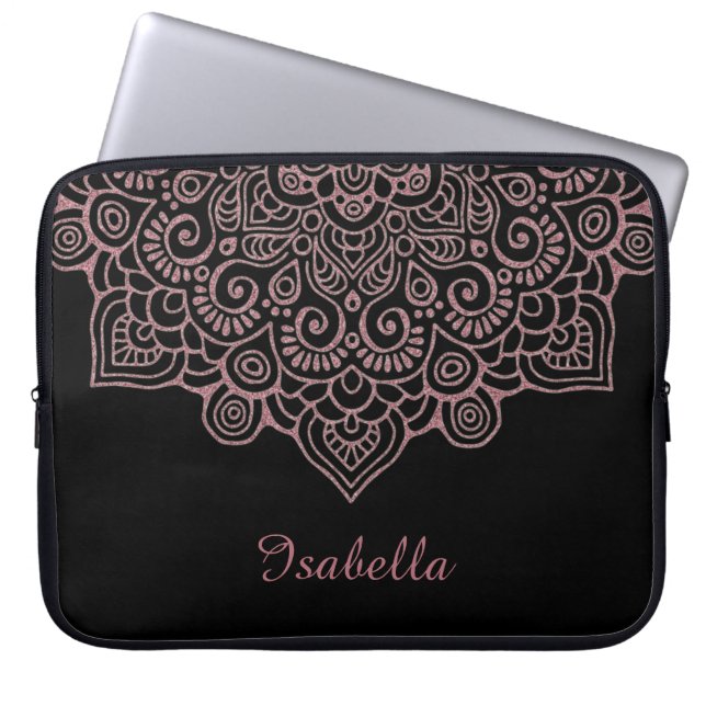 Faux roos Gold Intricate Lace Mandala BLACK Laptop Sleeve (Voorkant)