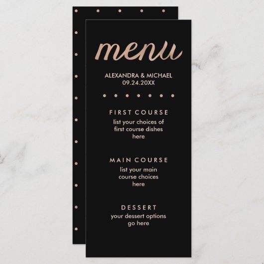 Faux Roos Gold op zwart gestippelde bruiloft Menu (Voorkant / Achterkant)
