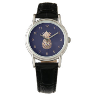 Faux Roos Gold Pineapple op Navy Blue en Monogram Horloge