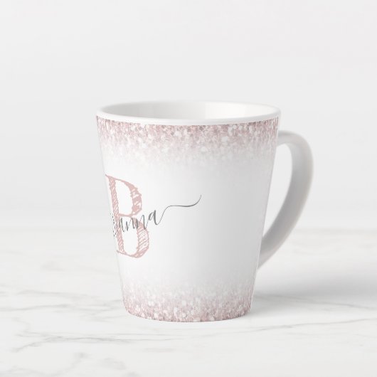 Faux Roos Gold Pink Glitter Monogram Naam Meisje Latte Mok (Rechterhoek)