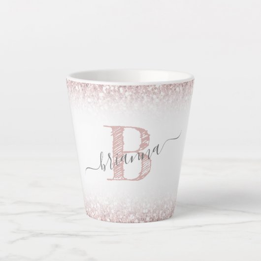 Faux Roos Gold Pink Glitter Monogram Naam Meisje Latte Mok (Voorkant)