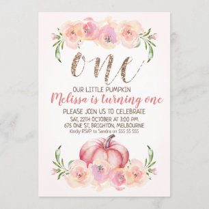 Faux Roos Gold Pumpkin 1st Birthday Uitnodiging