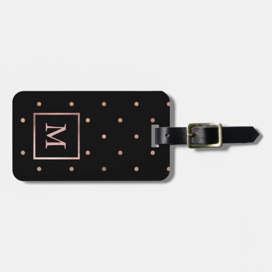 Faux Roos Gold Stippen op zwart met monogram Bagagelabel (Voorkant horizontaal)