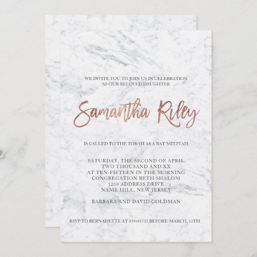 FAUX roos Gold typografie marmer Bat Mitzvah 4 Kaart (Voorkant / Achterkant)