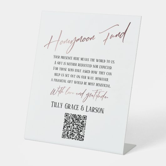 Faux Roos Gold Typography Honeymoon Fund QR Code Reclamebord Met Voetstuk (Voorkant)