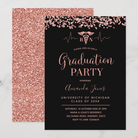 FAUX ROOS GOLD Zwart RN Nurse Graduation Party Kaart (Voorkant / Achterkant)