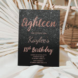 Faux roos Gold zwarte glitter 18th Birthday Kaart<br><div class="desc">Faux roos Gold zwarte glitter 18th Birthday custom name. Een moderne 18e verjaardag-feestdag met een moderne, originele en eenvoudige faux roos gouden folie-uitnodiging met zwarte glitter en handgeschreven stijl borsteltypografie achttien op een volledig aanpasbare pastelroze kleur achtergrond en zwart aan de achterzijde. . Als u een gewijzigde en aangepaste tekst...</div>