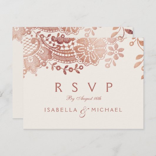 Faux roos goud elegante  kant bruiloft RSVP Uitnodiging Briefkaart (Voorkant / Achterkant)