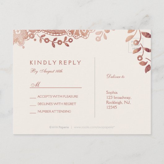 Faux roos goud elegante  kant bruiloft RSVP Uitnodiging Briefkaart (Achterkant)