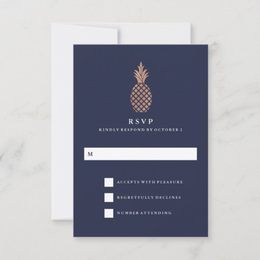 Faux Roos Goud en Navy Ananas Bruiloft RSVP (Voorkant)
