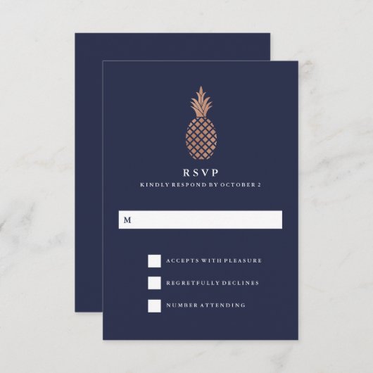 Faux Roos Goud en Navy Ananas Bruiloft RSVP (Voorkant / Achterkant)