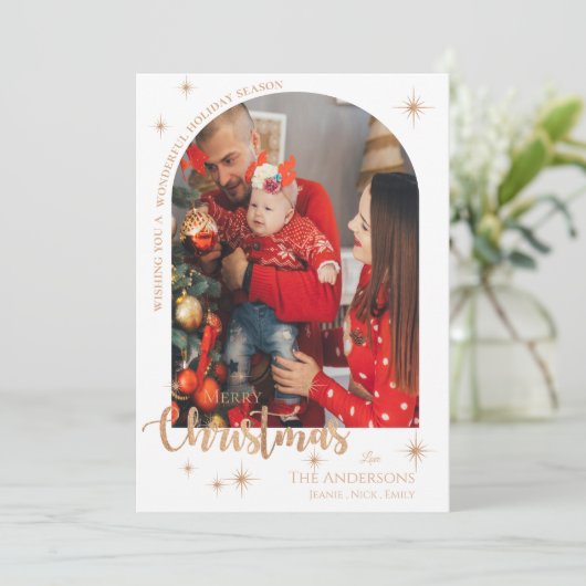 Faux Roos Goud Familie Foto Vrolijk Kerstfeest Feestdagenkaart (Staand voorkant)