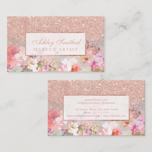 Faux roos goud glitter florale waterverf make-up visitekaartje (Voorkant / Achterkant)