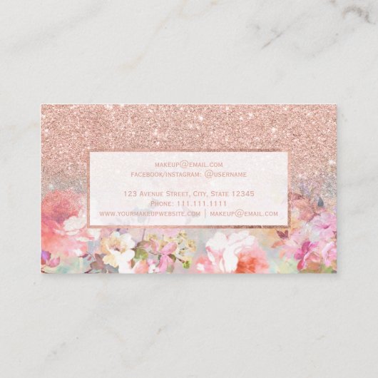 Faux roos goud glitter florale waterverf make-up visitekaartje (Achterkant)