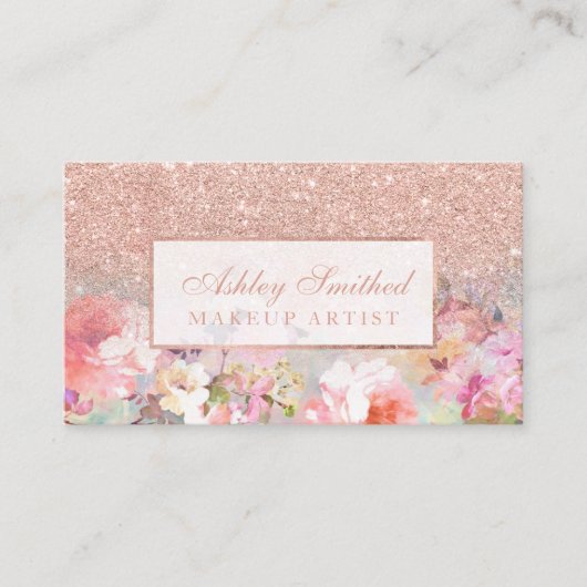 Faux roos goud glitter florale waterverf make-up visitekaartje (Voorkant)
