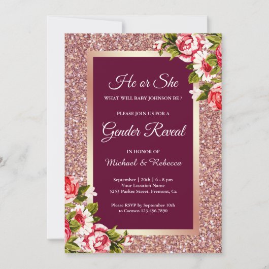 Faux Roos Goud Glitter Roze Bloemen Geslacht Onthu Kaart (Voorkant)