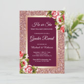 Faux Roos Goud Glitter Roze Bloemen Geslacht Onthu Kaart (Staand voorkant)