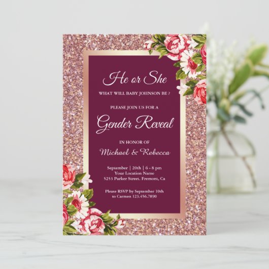 Faux Roos Goud Glitter Roze Bloemen Geslacht Onthu Kaart (Staand voorkant)