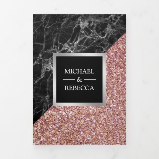 Faux Roos Goud Glitter Zwart Marmer Foto Bruiloft Drieluik Uitnodiging (Cover)