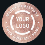 Faux Roos goud Merry Christmas Company Logo Ronde Sticker<br><div class="desc">Gepersonaliseerde kerstcadeau stickers zijn voorzien van decoratieve faux roos gouden sneeuwvlok en uw bedrijf logo en aangepaste bericht,  modern en trendy.</div>