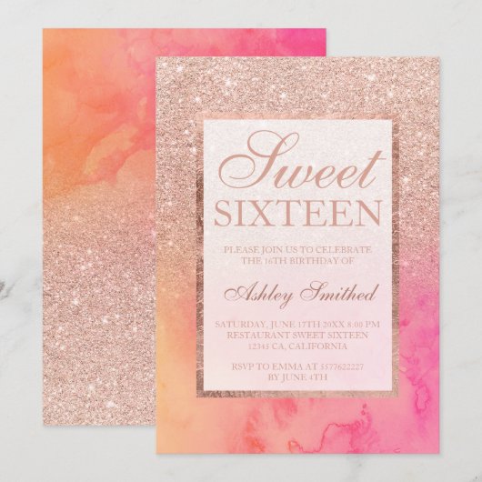 Faux roos goud ombre roze waterverf Sweet 16 Kaart (Voorkant / Achterkant)
