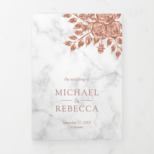 Faux Roos gouden bladeren bloemenwit marmer bruilo Drieluik Uitnodiging (Cover)