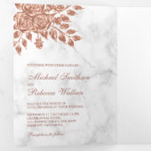 Faux Roos gouden bladeren bloemenwit marmer bruilo Drieluik Uitnodiging (Binnenzijde eerst)