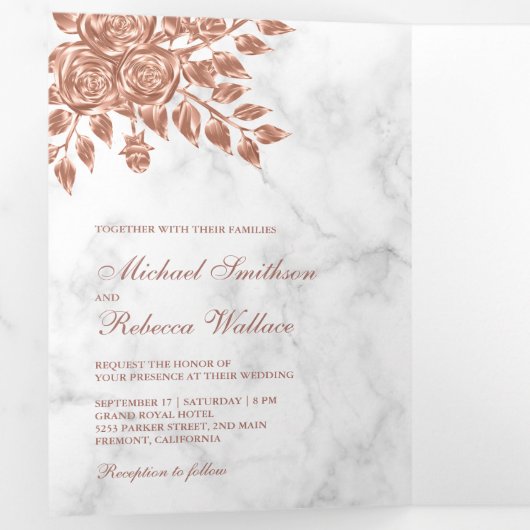 Faux Roos gouden bladeren bloemenwit marmer bruilo Drieluik Uitnodiging (Binnenzijde eerst)