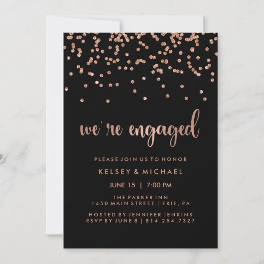 Faux Roos Gouden Confetti op Black Engagement Part Kaart (Voorkant)