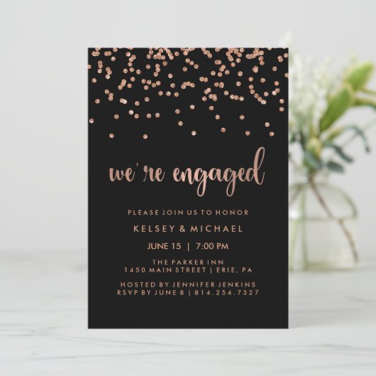 Faux Roos Gouden Confetti op Black Engagement Part Kaart (Staand voorkant)