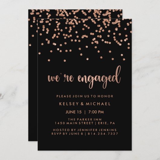 Faux Roos Gouden Confetti op Black Engagement Part Kaart (Voorkant / Achterkant)
