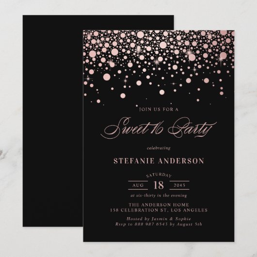 Faux Roos Gouden Folie Confetti Zwart Sweet 16 Par Kaart (Voorkant / Achterkant)