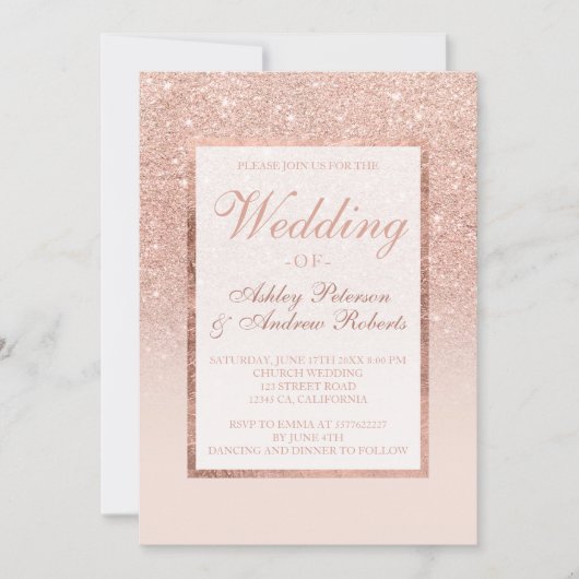 Faux roos gouden glitter lijst elegante chique bru kaart (Voorkant)